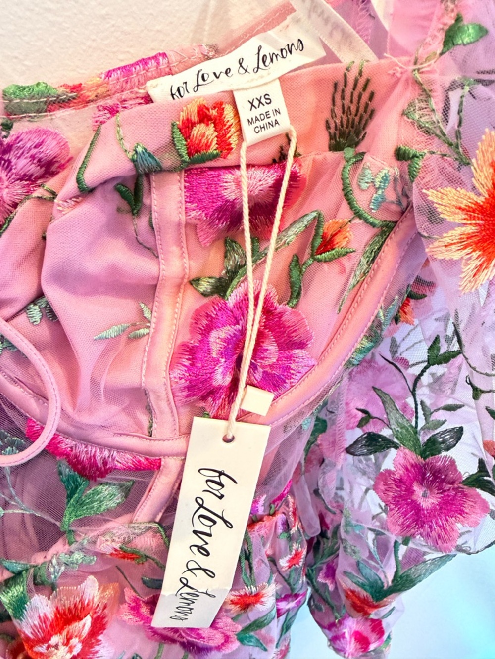 For Love & Lemons Pink Floral Embroidered Puff-Sleeve Mini Dress - Picture 6 of 6
